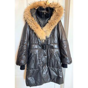 Mackage Long Down Coat L Black Belted Raccoon Fur Hood Puffer